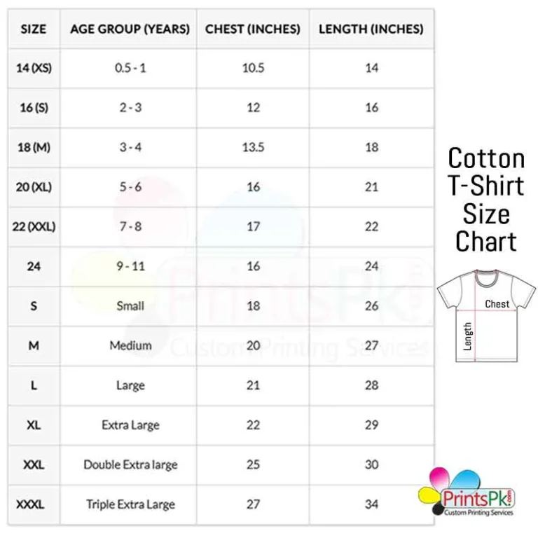 PrintsPk Sizechart, Printspk Cottong Shirt Size chart,