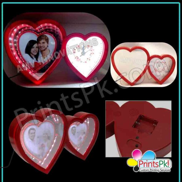 red heart magic mirror with clock, heart photo frame,