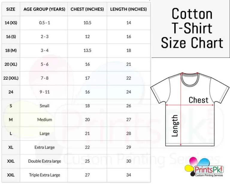 Cotton Tshirt Size Chart, PrintsPk Size Chart, Cotton Shirt Size Char PrintsPk,